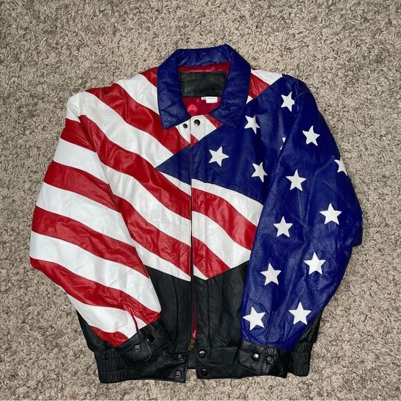 American Flag Leather Bomber Jacket - Picture 3 of 13